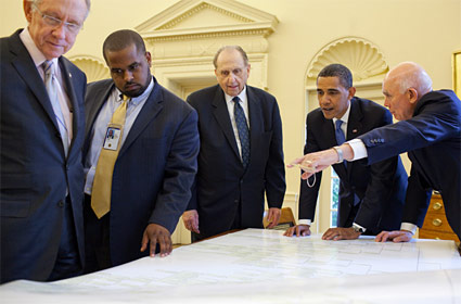 Senate Majority Leader Harry Reid (left), Mormon Church President Thomas S. Monson (center), meet with President Obama in the Oval Office July 20, 2009.
